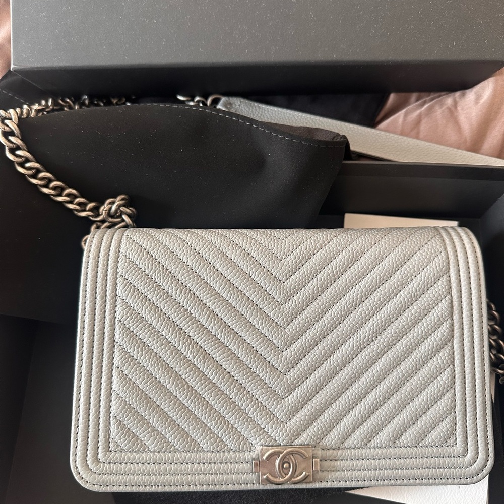 Chanel Boy WOC gray chevron caviar leather